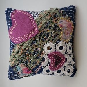 Handmade Denim Heart Pillow Slow Stitch Textile Art Upcycled Romantic 6.5 x 6.5